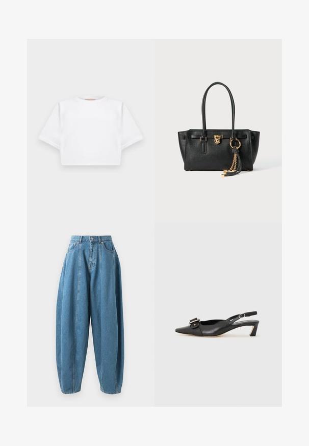 Rövid ujjú, puha anyagból készült, vágott fehér póló, kör alakú nyakkivágással és bordázott alsó résszel. Egyszerű és díszítetlen kialakítás.; Magas derekú, laza szabású kék farmerek, pliszékkel, elülső zsebekkel, övhurkokkal, valamint gombos-zipzáras záródással.; Fekete bőr szandál kis sarkú, hegyes orral, díszes csattal a felsőrészen. Simább textúra, minimalista design.; Fekete bőr kézitáska dupla fogantyúkkal, aranyzárral és lánc részletekkel, fekete-fehér bojt kiegészítővel, fehér háttéren.