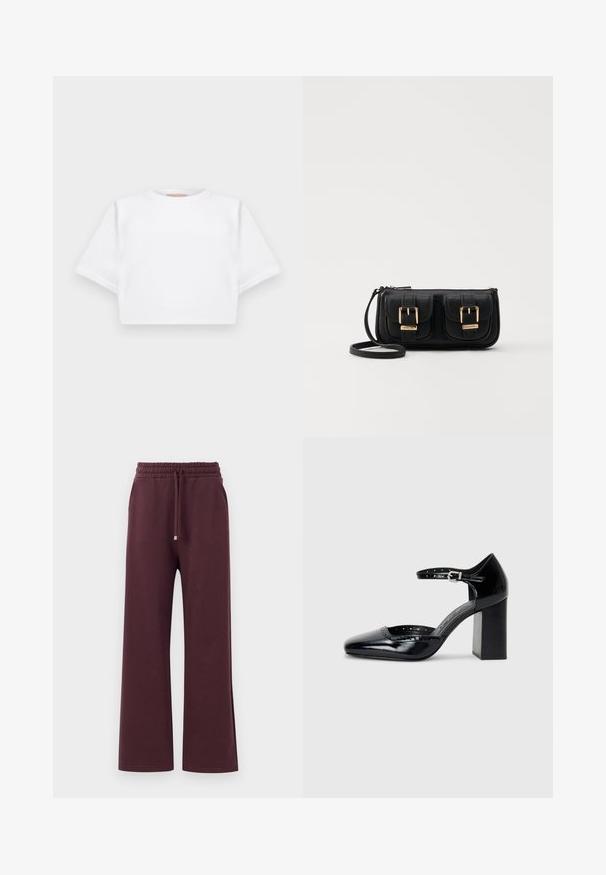 Kuttet hvit t-skjorte laget av mykt stoff, med korte ermer, rund hals og ribbestrikket detaljer nederst. Enkel og upradert design.; Burgunderfargede vide bukser med elastisk livlinje, snor og sidelommer. Laget av myk, glatt stoff med en avslappet passform.; Sorte lakk lær høye hæler med firkantet tå, ankelrem og chunky hæl. Inkluderer perforerte detaljer langs kanten.; Svart skinn crossbody veske med to frontlommer, gyldne spenner, glidelåslukking og en slank stropp. Teksturert overflate og kompakt rektangulær form.