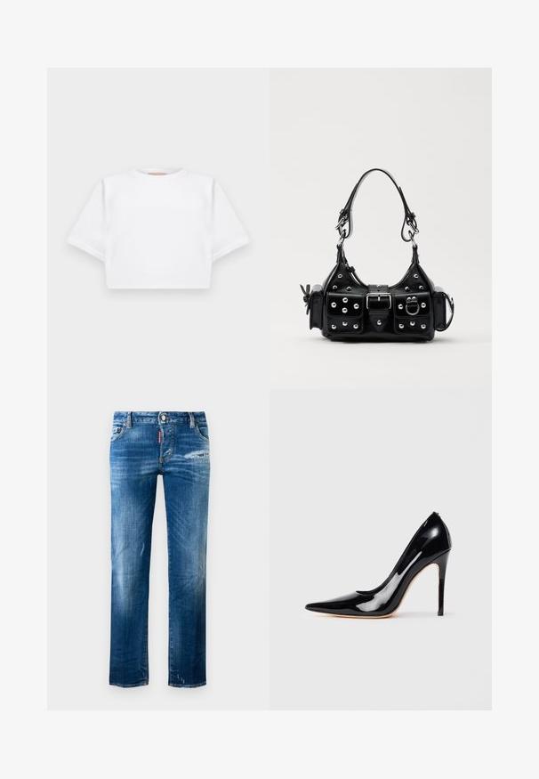 Rövid ujjú, puha anyagból készült, vágott fehér póló, kör alakú nyakkivágással és bordázott alsó résszel. Egyszerű és díszítetlen kialakítás.; Kék, slim-fit farmernadrág enyhe kopással, kissé megviselt jobb combon és bal szegélynél, elülső zsebekkel, övbújtatókkal és gombos zárással.; Fekete lakk magassarkú szandál csúcsos orral, sima felülettel és elegáns vonalvezetéssel. Stiletto sarokkal rendelkezik, minimalista díszítésekkel.; Fekete bőr kézitáska ívelt designnal, ezüst szegecsekkel, csattal és két oldalsó zsebbel. Állítható vállpánt a hordozási lehetőségekhez.