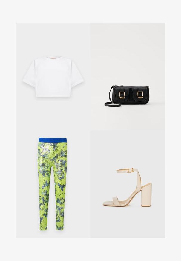 Rövid ujjú, puha anyagból készült, vágott fehér póló, kör alakú nyakkivágással és bordázott alsó résszel. Egyszerű és díszítetlen kialakítás.; Neon sárga leggings, fényes, flitteres kivitelben. Kék derékrésszel és díszes kék virágmintákkal az anyagon.; Beige színű magassarkú szandál négyzet alakú orral, vékony bokapánttal és tömbsarkúval. Simas bőrfelület arany csattal díszítve.; Fekete bőr keresztbody táska két elülső zsebbel, arany csattokkal, cipzáras záródással és vékony pánttal. Textúrált felület és kompakt téglalap alak.