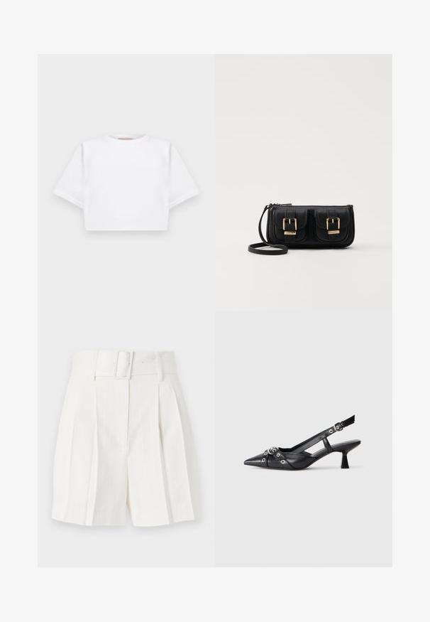 T-shirt blanc court en tissu doux, avec des manches courtes, un col rond et des détails en côtes sur l'ourlet. Design simple et sans embellissement.; sandro RECOUPE BRIDAL CAVERNI - Short - ecru; Chaussure slingback en cuir noir avec un bout pointu, des sangles décoratives avec œillets en métal et un petit talon carré. Surface texturée.; Sac en cuir noir porté en travers avec deux poches avant, boucles dorées, fermeture zippée et une sangle fine. Surface texturée et forme rectangulaire compacte.