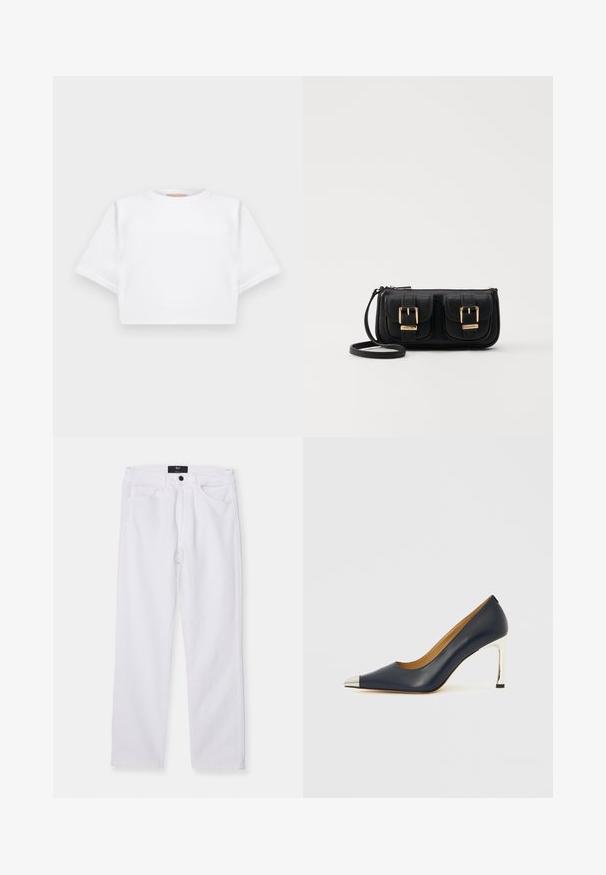 Izgriezta balta T-krekla no mīksta auduma, ar īsām piedurknēm, apaļu apkakli un ribota apakšmala. Vienkāršs un neizpušķots dizains.; Baltas denim bikses ar taisno griezumu, piecu kabatu dizainu un priekšējo pogu aizdari. Iezīmējas ar gludu tekstūru un redzamām šuvēm.; Tumši zila ādas augstpapēžu kurpe ar smailu purngalu, kas izceļas ar sudrabotu metālisku uzgali un spīdīgu sudraba stilettos papēdi.; Melnas ādas crossbody soma ar divām priekšējām kabatām, zelta sprādzēm, ar rāvējslēdzēju aizdari un šauru siksnu. Strukturēta virsma un kompakta taisnstūra forma.
