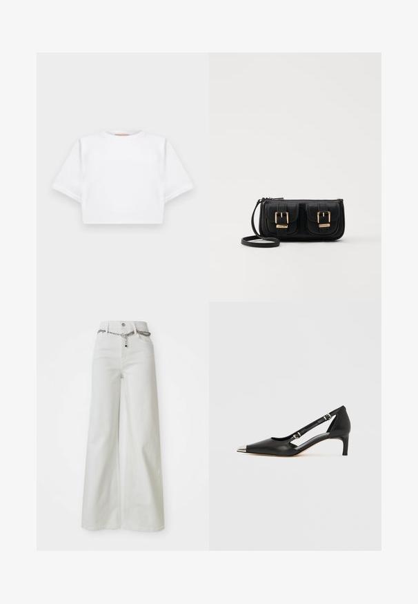 Rövid ujjú, puha anyagból készült, vágott fehér póló, kör alakú nyakkivágással és bordázott alsó résszel. Egyszerű és díszítetlen kialakítás.; Széles lábú fehér farmernadrág magas derékkal, lánc díszítéssel a derekában és klasszikus öt zsebes kialakítással.; Fekete bőrből készült kismagassarkú, hegyes ezüst orrkupakkal és dupla csatos pántokkal, fehér háttéren.; Fekete bőr keresztbody táska két elülső zsebbel, arany csattokkal, cipzáras záródással és vékony pánttal. Textúrált felület és kompakt téglalap alak.
