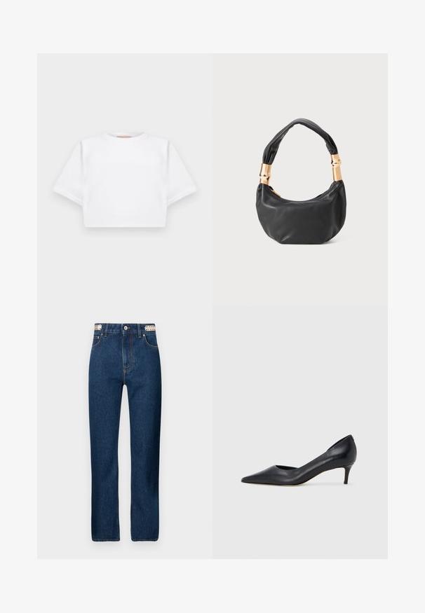 Κομμένη λευκή μπλούζα φτιαγμένη από μαλακό ύφασμα, με κοντά μανικά και στρογγυλή λαιμόκοψη, καθώς και ριγωτές λεπτομέρειες στο τελείωμα. Απλός και χωρίς διακοσμήσεις σχεδιασμός.; Rabanne Straight leg jeans - dark blue denim; Μαύρη δερμάτινη γόβα με μυτερή μύτη και χαμηλό τακούνι. Διαθέτει λεία υφή και διακριτική γυαλάδα. Ανοιχτή κοπή στο μπροστινό μέρος για επιπλέον λεπτομέρεια.; Μαύρη δερμάτινη τσάντα χειρός σε στρογγυλό σχήμα, με απαλό υφάκι και χερούλι με κόμπο, διακοσμημένη με ασημί μεταλλικές λεπτομέρειες. Κλείσιμο με φερμουάρ.