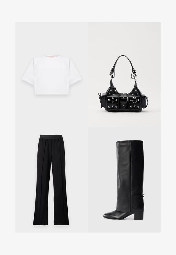 Kratka bela majica iz mehkega materiala, s kratkimi rokavi, okroglega izreza in rebrastimi robovi. Preprost in neokrašen dizajn.; Črne široke hlače iz gladkega blaga z raztegljivim pasom. Imajo zgubice za dodano volumen in pretok, brez vidnih vzorcev ali poudarkov.; Črne usnjene škornje do kolen z gladkim zaključkom, kvadratnim nosom, blokastim peto in stranskim vezanjem za nastavljivo prileganje.; Črna usnjena torbica s ukrivljenim dizajnom, ki vsebuje srebrne žebljičke, zaponko in dve stranski žepki. Nastavljiv trak za različne možnosti nošenja.