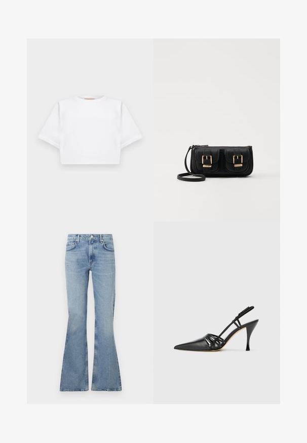 Rövid ujjú, puha anyagból készült, vágott fehér póló, kör alakú nyakkivágással és bordázott alsó résszel. Egyszerű és díszítetlen kialakítás.; Világoskék, trapéz fazonú farmernadrág, magas derékkal, öt zsebes dizájnnal és finom kopásokkal az anyagon.; Fekete bőr magassarkú slingback cipő, hegyes orral, keresztbe fonott pántos dizájnnal és vékony tűs sarkakkal. Sima felület és minimális díszítés.; Fekete bőr keresztbody táska két elülső zsebbel, arany csattokkal, cipzáras záródással és vékony pánttal. Textúrált felület és kompakt téglalap alak.