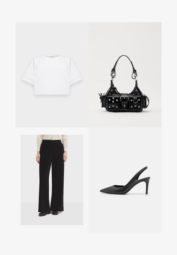 Cropped white t-shirt made of soft fabric, featuring short sleeves, a round neckline, and ribbed hem details. Simple and unembellished design.; Black wide-leg trousers made from soft fabric, featuring front pockets, a button closure, and a smooth texture.; Black leather slingback high heels with a pointed toe design, featuring a cutout at the front and a thin stiletto heel.; Black leather handbag with a curved design, featuring silver studs, a buckle, and two side pockets. Adjustable strap for carrying options.