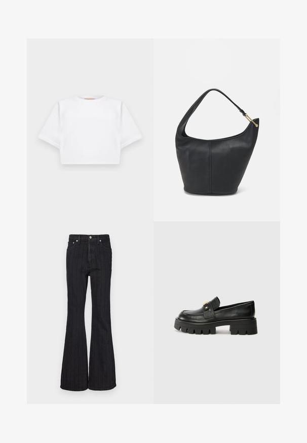 T-shirt branca corta, feita de tecido macio, apresentando mangas curtas, um decote redondo e detalhes de bainha canelada. Design simples e despretensioso.; Jeans flare em denim preto com riscas brancas verticais, design de cinco bolsos, cintura alta e fecho de botão metálico.; Mocassins de couro preto com uma sola robusta, apresentando um detalhe em tom dourado na parte da frente e um acabamento suave. Design de solado com cravos robustos.; Bolsa de mão em pele preta com uma forma arredondada, uma alça larga e um acabamento texturizado. Apresenta um discreto detalhe de costura e um acabamento em metal dourado.