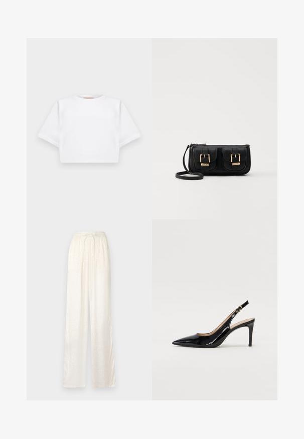 Cropped white t-shirt made of soft fabric, featuring short sleeves, a round neckline, and ribbed hem details. Simple and unembellished design.; White, loose-fitting pants with a lightweight, satin-like texture. Feature an elastic waistband with a tied drawstring and subtle pattern.; Black patent leather slingback pump with pointed toe, slim heel, and a subtle cutout design. Features a gold buckle on the strap.; Black leather crossbody bag with two front pockets, gold buckles, zipper closure, and a slim strap. Textured surface and compact rectangular shape.