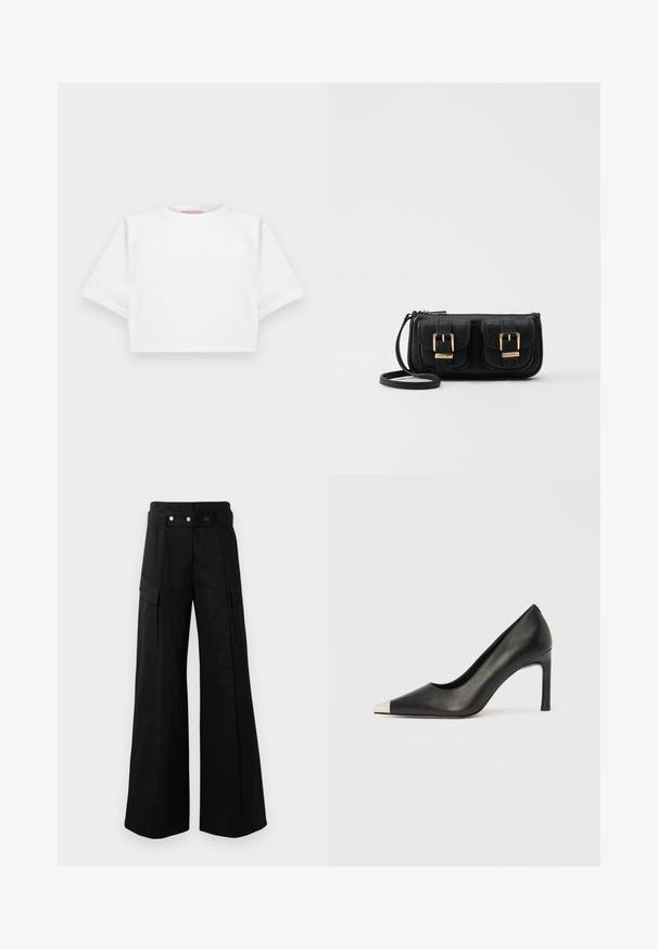 Izgriezta balta T-krekla no mīksta auduma, ar īsām piedurknēm, apaļu apkakli un ribota apakšmala. Vienkāršs un neizpušķots dizains.; Melni plats kāju bikses ar augstu jostasvietu, kas aprīkotas ar lielām sānu kabatām, divām priekšējām pogām un cilpas detaļu. Izgatavotas no izturīga auduma.; Melns ādas augstpapēžu kurpes ar smailu purngalu un metāliski sudraba uzgali. Ir gluda apdare un slaids 10 cm augsts papēdis.; Melnas ādas crossbody soma ar divām priekšējām kabatām, zelta sprādzēm, ar rāvējslēdzēju aizdari un šauru siksnu. Strukturēta virsma un kompakta taisnstūra forma.