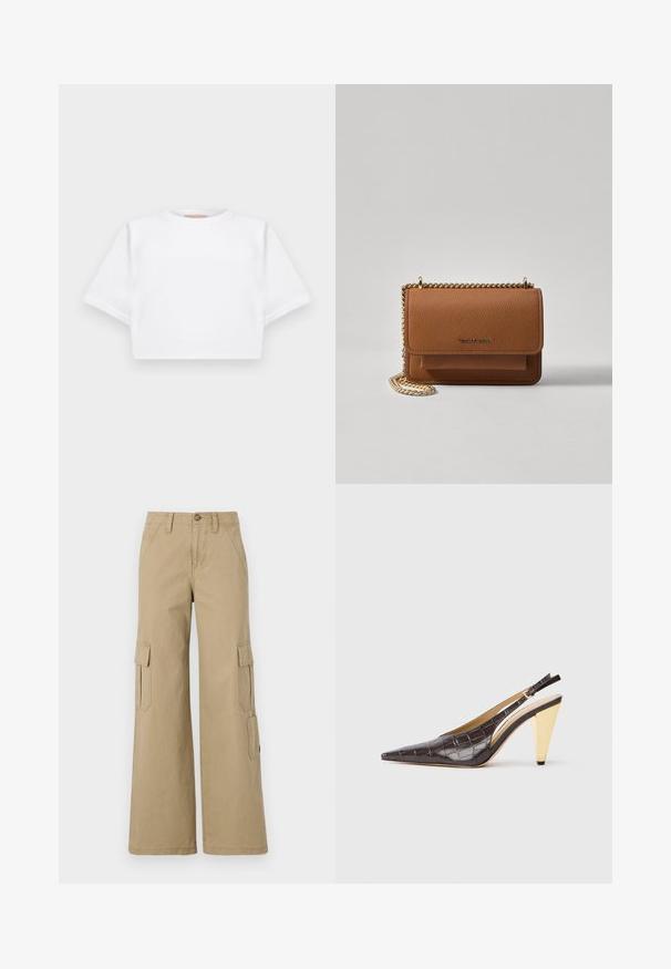 Lyhythihainen valkoinen t-paita pehmeää kangasta, jossa on pyöreä pääntie ja ribbireunat. Yksinkertainen ja ilman koristeita oleva malli.; Beige cargo-housut leveillä lahkeilla, joissa on kaksi sivupakkausta, nappikiinnitys ja sileä puuvillakankaan.; Kärppäotsa slingback-korkokengät tummanruskeasta kiiltävästä keinonahasta, joka imitoi krokotiilin ihoa. Malleissa on kultasävyinen geometrinen korko ja säädettävä nilkkaremmi.; Ruskean teksturoidun nahkasta valmistettu crossbody-laukku, jossa on kultaketjuhihna ja läppäkiinnitys. Edessä on logodetail ja tasku läppäisen alla.