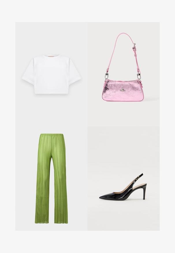 Cropped white t-shirt made of soft fabric, featuring short sleeves, a round neckline, and ribbed hem details. Simple and unembellished design.; Green, wide-leg pants made of sheer material with vertical ribbed texture. Features an elastic waistband for comfort and casual fit.; Black patent leather slingback pump with pointed toe, slim heel, and a subtle cutout design. Features a gold buckle on the strap.; Pink metallic handbag with a crinkled texture, an adjustable strap, and silver hardware. Features a small emblem on the front.