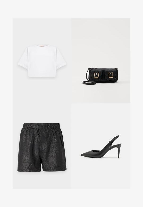 Rövid ujjú, puha anyagból készült, vágott fehér póló, kör alakú nyakkivágással és bordázott alsó résszel. Egyszerű és díszítetlen kialakítás.; Ráncos anyagból készült fekete rövidnadrág, elasztikus derékkal és két gombbal, térd hosszúságú szabás, sima textúrával.; Fekete bőrszíjjal ellátott magassarkú cipők, hegyes orral, elöl kivágott dizájnnal és vékony stiletto sarkakkal.; Fekete bőr keresztbody táska két elülső zsebbel, arany csattokkal, cipzáras záródással és vékony pánttal. Textúrált felület és kompakt téglalap alak.