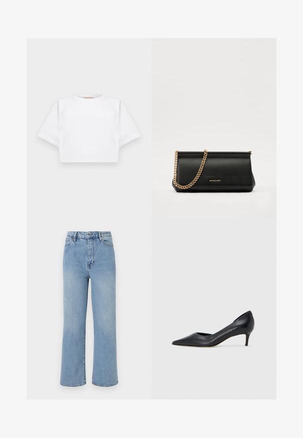 Camiseta blanca corta hecha de una tela suave, con mangas cortas, escote redondo y detalles de ribete en el dobladillo. Diseño simple y sin adornos.; Vaqueros de denim de color azul claro de pierna ancha con cintura alta, diseño de cinco bolsillos y costuras contrastantes en los bordes.; Zapato de tacón bajo de cuero negro con punta puntiaguda. Presenta una textura lisa y un brillo sutil. Corte abierto en la parte frontal para un detalle adicional.; Cartera de mano de piel negra con una correa de cadena dorada, que presenta una textura suave, forma rectangular y un logotipo en relieve en la parte frontal.