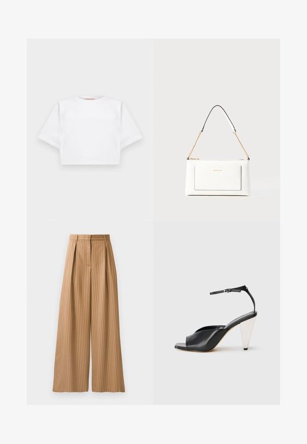 Beschnittenes weißes T-Shirt aus weichem Stoff, mit kurzen Ärmeln, rundem Halsausschnitt und gerippten Saumdetails. Einfaches und schnörkelloses Design.; Weite Hose aus braunem Stoff mit vertikalen weißen Streifen. Mit Falten an der Taille und einem glatten Textur.; Schwarze Leder-Hochzehen-Sandale mit offener Zehe, asymmetrischem Design, Knöchelriemen und metallic kegelförmigem Absatz. Glatte Textur über das gesamte Produkt.; Weißes Lederhandtasche mit strukturierter Oberfläche, ausgestattet mit einem goldenen Kettenriemen und schwarzen Akzenten. Enthält eine Fronttasche und einen Reißverschluss.