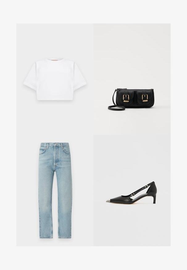 Kratka bela majica iz mehkega materiala, s kratkimi rokavi, okroglega izreza in rebrastimi robovi. Preprost in neokrašen dizajn.; Svetlo modri traper hlače naravnost kroja, z visokim pasom, petimi žepi, zapiranjem na gumb in zadrgo, z diskretnim madežem in kontrastnimi šivi.; Črni usnjeni čevelj z rahlo peto, z ostro srebrno konico in dvema paščkoma z zaponkama na belem ozadju.; Črna usnjena torbica čez ramo z dvema sprednjima žepoma, zlatimi zaponkami, zadrgo in ozkim pasom. Tekstura površine je strukturirana, obliko pa ima kompaktno pravokotno.