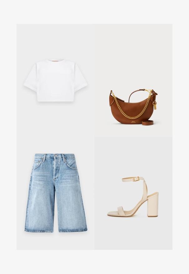Cropped white t-shirt made of soft fabric, featuring short sleeves, a round neckline, and ribbed hem details. Simple and unembellished design.; Light blue denim shorts with a loose fit, featuring a high waist, five-pocket design, and subtle fading on the fabric.; Beige high-heeled sandal with a square toe, thin ankle strap, and block heel. Smooth leather texture with a gold buckle detail.; Brown leather handbag with a curved design, gold chain strap, interior pocket, and a detachable shoulder strap. Features contrasting stitching.