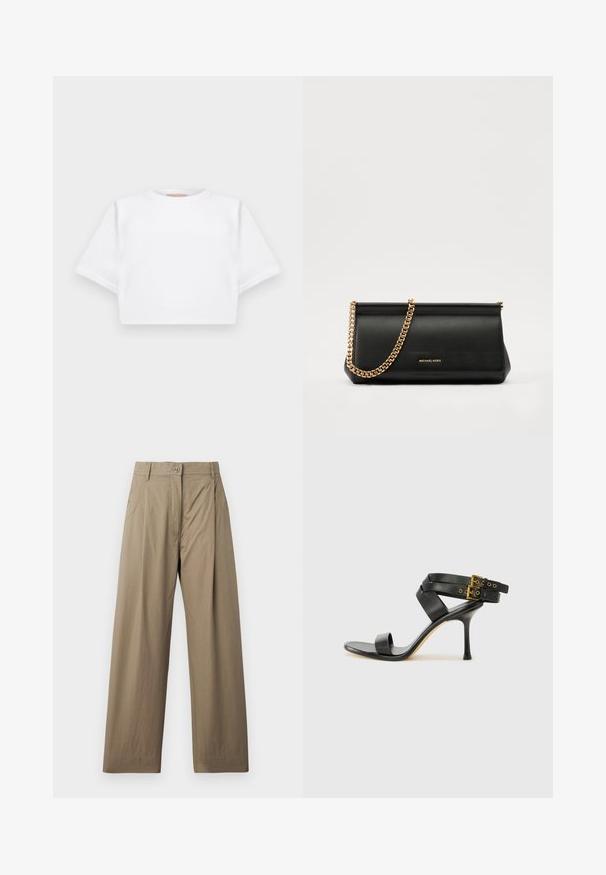 Kratka bela majica iz mehkega materiala, s kratkimi rokavi, okroglega izreza in rebrastimi robovi. Preprost in neokrašen dizajn.; Khaki široke hlače iz mešanice bombaža, z gumbom za zapiranje, stranskimi žepi in gladko teksturo z rahlim sijajem.; Črne sandale na peto z križnimi trakovi in prilagodljivo zaponko. Imajo gladko teksturo in zožen peto.; Črna usnjena torbica z zlatim verižnim trakom, z gladko teksturo, pravokotno obliko in embosiranim logotipom spredaj.