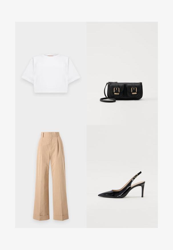 Rövid ujjú, puha anyagból készült, vágott fehér póló, kör alakú nyakkivágással és bordázott alsó résszel. Egyszerű és díszítetlen kialakítás.; Beige széles szárú nadrág magas derékkal, plissékkel és sima textúrával. Az alsó szegélyek hajtva vannak, ami strukturált részletet ad.; Fekete lakk bőr kötött magassarkú cipő, hegyes orral és karcsú sarokkal, finom kivágásos dizájnnal. Az övön arany csatt található.; Fekete bőr keresztbody táska két elülső zsebbel, arany csattokkal, cipzáras záródással és vékony pánttal. Textúrált felület és kompakt téglalap alak.