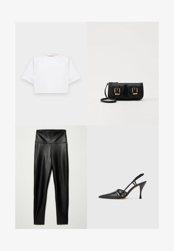Kuttet hvit t-skjorte laget av mykt stoff, med korte ermer, rund hals og ribbestrikket detaljer nederst. Enkel og upradert design.; Sorte fuskeskinn leggings med høy livlinje, med en glatt tekstur og en tettsittende silhuett som når ankelen.; Sorte lærhæl med åpen bak, spiss tå, krysset stropp design, og slank stiletthæl. Glatt tekstur og minimale detaljer.; Svart skinn crossbody veske med to frontlommer, gyldne spenner, glidelåslukking og en slank stropp. Teksturert overflate og kompakt rektangulær form.