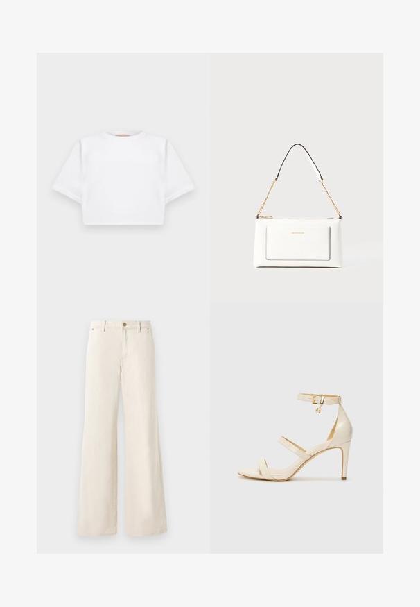 Cropped white t-shirt made of soft fabric, featuring short sleeves, a round neckline, and ribbed hem details. Simple and unembellished design.; Beige wide-leg pants made of cotton with a smooth texture. Features a button closure, front pockets, and a classic waistband design.; Beige high-heeled sandals with thin ankle strap and two upper straps. Glossy patent finish and gold hardware detail on the ankle strap.; White leather handbag with a textured finish, featuring a gold chain strap and black accents. Includes a front pocket and zipper closure.