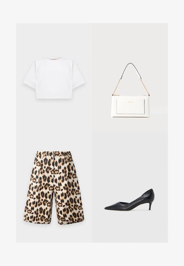 T-shirt branca corta, feita de tecido macio, apresentando mangas curtas, um decote redondo e detalhes de bainha canelada. Design simples e despretensioso.; Calções com padrão de leopardo em tons de bege e preto, com design plissado e bolsos laterais. Feitos de um tecido suave com um acabamento brilhante.; Sapato de salto alto preto em pele com bico fino e salto baixo. Apresenta uma textura suave e brilho subtil. Corte aberto na parte da frente para um detalhe adicional.; Bolsa de mão branca em couro com acabamento texturizado, featuring a corrente dourada e detalhes pretos. Inclui um bolso frontal e fecho com zipper.