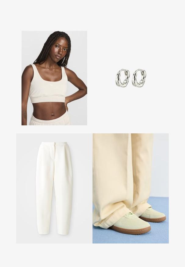 Svijetlosmeđi sportski grudnjak s kvadratnim izrezom, mekanim materijalom i bijelim Nike logom. Izrezan iznad struka, prikazuje trbuh.; Bijele hlače visokog struka sužene kroja s skrivenim prednjim kopčanjem i bočnim džepovima, prikazane na jednostavnoj bijeloj pozadini.; Zelene nubuk tenisice s zaobljenim prstima i teksturiranim potplatima, u kombinaciji sa širokim bež hlačama, na plavoj površini.; Srebrne naušnice u obliku kolača s teksturiranim, organskim dizajnom. Svaka naušnica ima glatki, zaobljeni oblik i sjajnu završnu obradu.