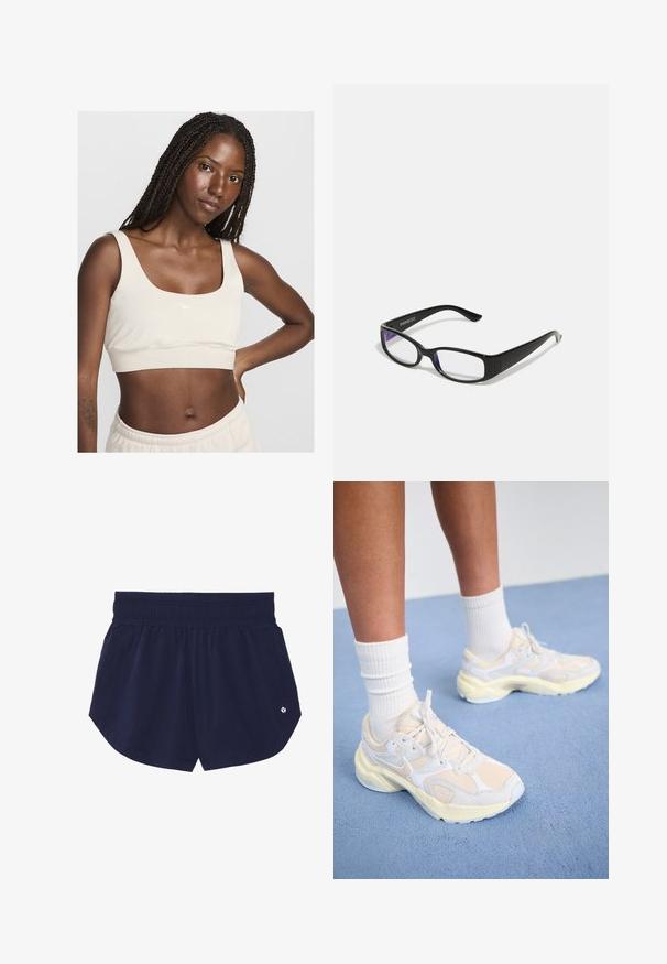 Vaalea beige urheilu-toppi, jossa on neliön muotoinen pääntie, pehmeä kangas ja valkoinen Nike-logo. Leikkaus vyötärön ylle, paljastaen keskivartaloa.; Laivastonsiniset urheilushortsit, joissa on joustava vyötärönauha, kaksi sivutaskua ja pieni logo alaoikealla puolella. Sileä pinta ja rento istuvuus.; Tyylikkäät urheilukengät vaaleankeltaisina ja valkoisina, joissa on verkkomateriaalia ja synteettisiä materiaaleja, pyöristetty muoto ja teksturoidut pohjat.; Mustat suorakulmaiset vahvuuslasit, joissa on kirkkaat linssit. Kiiltävä pinta, kapeat sanganvarret ja violetit sävyt näkyvät linssien reunoilla.