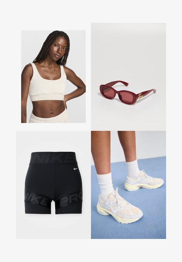 Light beige sport bra with a square neckline, soft fabric, and Nike logo in white. Cut above the waist, showing midriff.; Black athletic shorts featuring a wide waistband with "NIKE" logo, smooth texture, and reflective accents on the sides.; Sleek athletic shoes in pale yellow and white, featuring mesh and synthetic materials, a rounded shape, and textured soles.; Red plastic sunglasses with rectangular frames, tinted lenses, and a gold logo accent on the temples. Smooth, glossy finish.