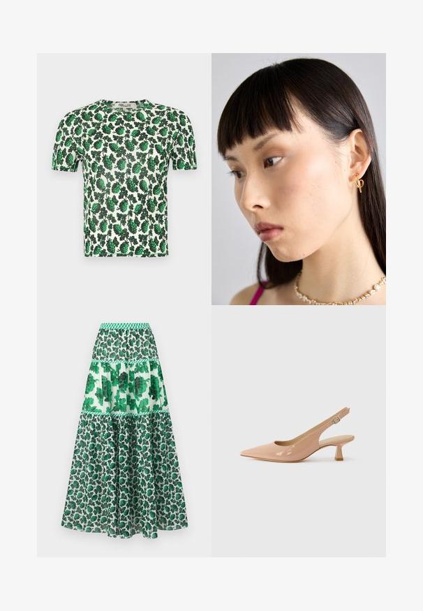 Zeleno cvetlična majica s kratkimi rokavi z velikimi listnatimi vzorci na belem ozadju, izdelana iz lahko raztegljivega materiala.; Zelena maksi krila s potiskom in smock pasom. Ponuja večplastno zasnovo z cvetličnimi vzorci in različnimi odtenki zelene.; Patentirane slingback čevlje v svetlo roza barvi, z ostrim nosom, nizko blok peto in nastavljivim trakom s podrobnostmi v obliki krožne zaponke.; Zlati obročasti uhani, nanešeni na desnem ušesu, z odprtim dizajnom. Model ima ravne temne lase in minimalno ličenje.