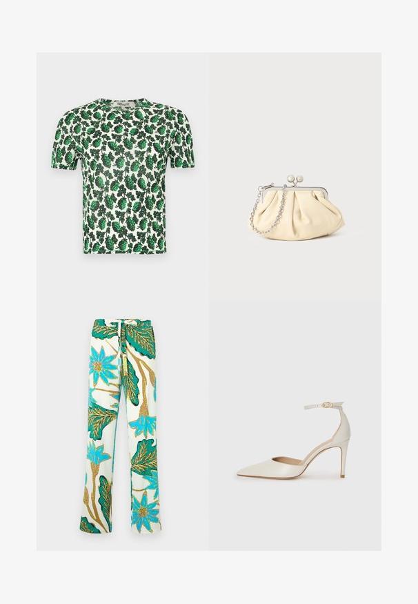 Zelený kvetinový top s krátkym rukávom so silnými listovými vzormi na bielom pozadí, vyrobený z ľahkého a elastického materiálu.; Nohavice s kvetinovým vzorom, ktoré obsahujú modré kvety a zelené listy na smotanovom pozadí; materiál vyzerá hladko a má uvoľnený strih.; Biele kožené topánky na vysokom podpätku s špicatou špičkou, remienkom okolo členka a štíhlym stiletto podpätkom. Hladký povrch s jemným lesklým povrchom.; Zhlý béžový kožený klobúk so strieborným kovovým rámom, ktorý má dve okrúhle dekoratívne zámky a strieborný reťazový popruh.
