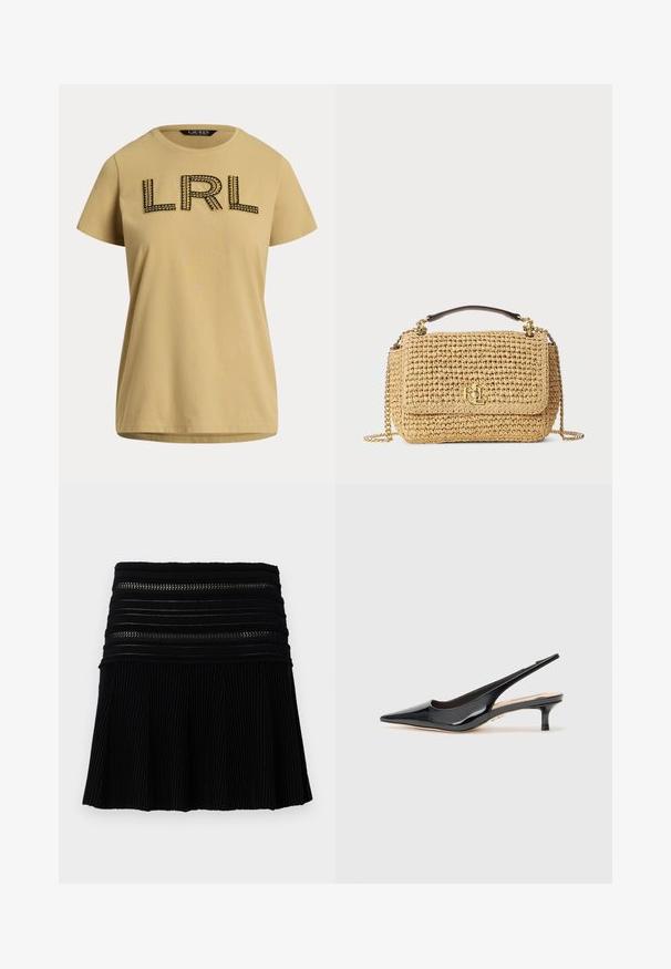 Īsām piedurknēm, sinepju dzeltena kokvilnas t-krekls ar melnu izšuvumu "LRL" logo un dekoratīvajām šuvēm. Standarta apaļa kakla izgriezums.; Melna plisētā svārku ar teksturētu ribotas dizainu. Siksnas detaļas pie vidukļa ar izgriezumiem. Īss garums.; Melnas patentētas ādas slingback kurpes ar norādītu pirkstu un slaidu vidēja augstuma papēdi. Gluda tekstūra ar minimālisma dizaina elementiem.; Austa salmu somiņa dabīgā bežā krāsā. Iezīmēta ar zelta krāsas logotipu, ķēdes siksnu un brūnu augšējo rokturi. Taisnstūra forma ar atloku aizvērumu.