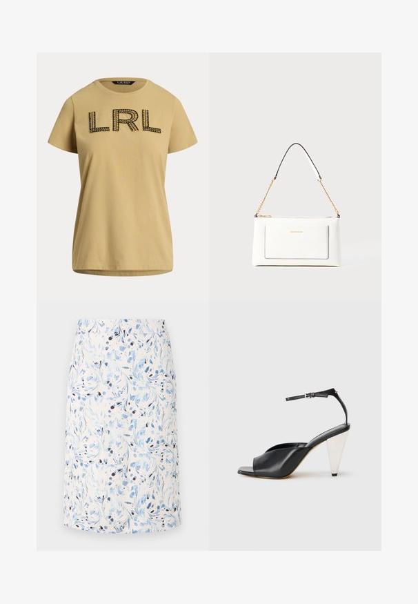 Kortärmad, senapsgul t-shirt i bomull med svart broderad "LRL"-logotyp och dekorativa sömnadsdetaljer. Standard rund halsringning.; Blommönstrad kjol med en ljus bakgrund och blå svängar samt mörka detaljer, tillverkad av andningsbart tyg, knä-lång design.; Svart läder hög klack sandalett med öppen tå, asymmetrisk design, ankelrem och en metallisk konformad klack. Slät textur genomgående.; Vit läderhandväska med texturerad yta, med guldkedjeslinga och svarta accenter. Inkluderar en framsida ficka och dragkedjestängning.