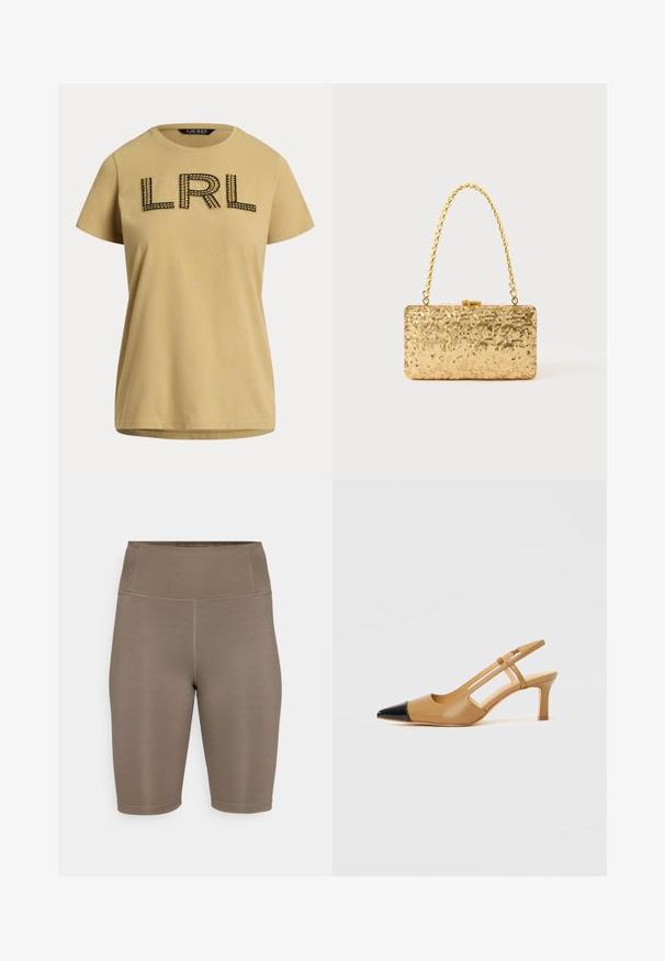 Majica s kratkim rukavima, od pamučne tkanine u senfu žutoj boji, sa crnim izvezenim "LRL" logom i dekorativnim šavovima. Standardni okrugli izrez.; Smešani smeđi biciklistički šorts od rastezljivog materijala s visokim strukom. Ima glatku teksturu i ravne šavove za udobnost. Nema vidljivih logotipa ili uzoraka.; Ten bež slingback s crnim špicastim vrhom, s izrezanim stranama i blok petom srednje visine. Materijal od glatke kože.; Zlatna šljokasta torbica u pravokutnom obliku, s uvrnutom lancem kao drškom i metalnim kopčanjem, koja odražava svjetlost s teksturiranim završetkom.