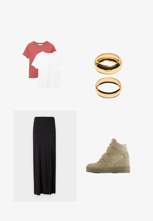 Dvě trička s krátkým rukávem; jedno v terakotové barvě s kulatým výstřihem a druhé v bílé barvě. Obě jsou vyrobeny z jemného bavlněného materiálu.; Černá maxi sukně vyrobená z měkkého, elastického materiálu. Obsahuje boční rozparek a jednoduchý, elegantní design bez ozdob.; Béžové vysoké tenisky s designem z jemné kůže a síťoviny, nastavitelné suché zipy a silná gumová podrážka se vzorem v zig-zag.; Dvoje zlatých prstenů je vystaveno, jeden je silný a zaoblený, druhý tenký a plochý. Oba mají hladký, lesklý povrch s leštěným povrchem.