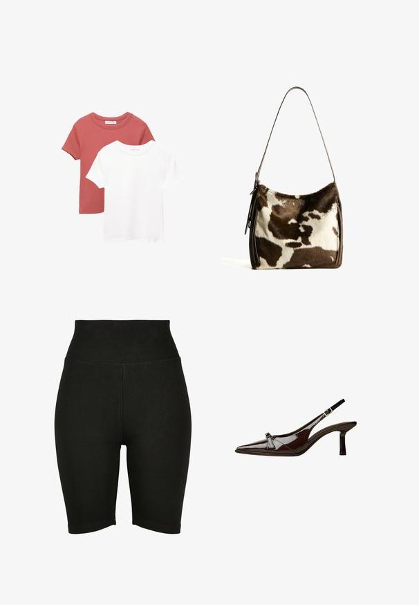 Dve kratke majice; ena v terakoti z okroglim ovratnikom in ena v beli barvi. Obe sta narejeni iz mehkega bombažnega materiala.; Črne kolesarske kratke hlače z visokim pasom, izdelane iz raztegljive tkanine, z gladko teksturo in obrobljenim robom, zasnovane za udobje in enostavno gibanje.; Rjave lakirane slingback čevlje z oglatim nosom, nizko peto in dekorativno pentljo na sprednji strani. Gladka, sijoča tekstura.; Rjav in krem torba iz kravjega usnja s gladkim usnjenim trakom, z zadrgo in mehko, strukturo površino, ki prikazuje naravni vzorec.
