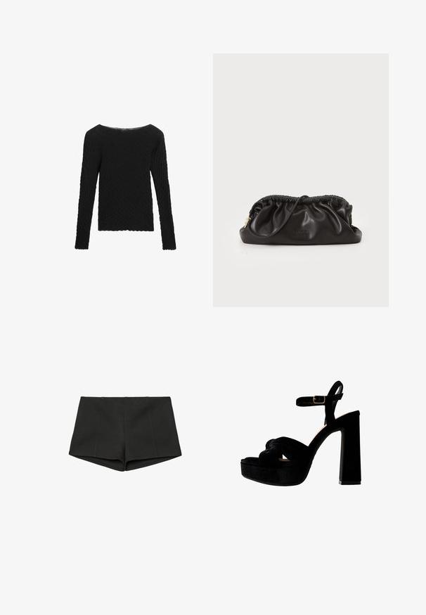 Black long-sleeve sweater with textured knit pattern, wide neckline, and a straight cut. Features ribbed cuffs and hem.; Black shorts made of textured fabric, featuring a high waistband and a fitted design with front seams. No pockets or fasteners visible.; Black platform sandals with a chunky heel, made of suede, featuring a knotted front design and an adjustable ankle strap with a metal buckle.; Black leather clutch bag with gathered top, zip closure, and gold hardware accent. Smooth texture with embossed logo detail.; Rhinestone bracelet featuring a silver-tone chain, with evenly spaced clear crystals and a secure clasp, showcasing a polished finish.