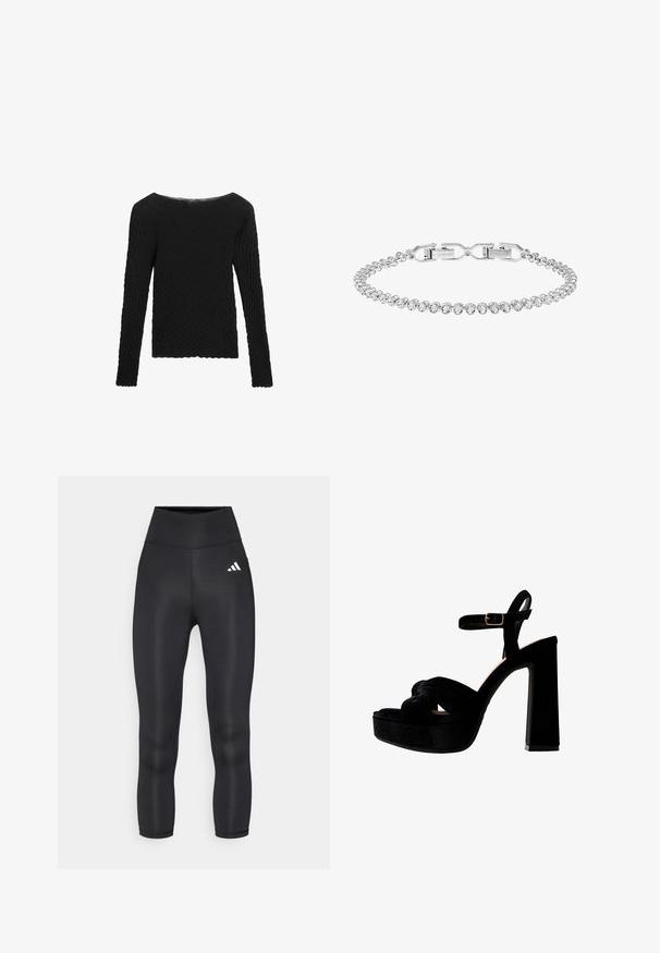 Black long-sleeve sweater with textured knit pattern, wide neckline, and a straight cut. Features ribbed cuffs and hem.; Black high-waisted leggings featuring a smooth, stretchy material and a small white Adidas logo on the left hip.; Black platform sandals with a chunky heel, made of suede, featuring a knotted front design and an adjustable ankle strap with a metal buckle.; Rhinestone bracelet featuring a silver-tone chain, with evenly spaced clear crystals and a secure clasp, showcasing a polished finish.
