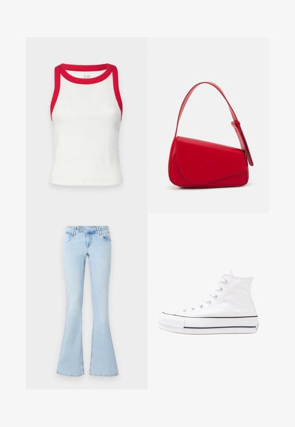Valkoinen ribattu hihaton paita punaisilla yksityiskohdilla kaula-aukossa ja kädenteissä. Ominaisuuksina muotoiltu malli ja suora helma. Teksturoitu kangas. Brändin logo näkyvissä.; Vaaleansiniset levenevät farkut, jotka on valmistettu denimistä. Varustettu viidellä taskulla, metallinappikiinnityksellä ja ompeluyksityiskohdilla saumoissa ja helmoissa.; Valkoiset korkeavartiset kangaskengät mustalla kumipohjalla, edessä kuminen varvasosa ja kuusi nauha-aukkoa, puhtaan minimalistisella muotoilulla.; Punainen nahkalaukku, jossa on kulmikas, geometrinen muotoilu. Varustettu yhdellä säädettävällä hihnalla ja läpällä, jossa on ommeltu yksityiskohtia.