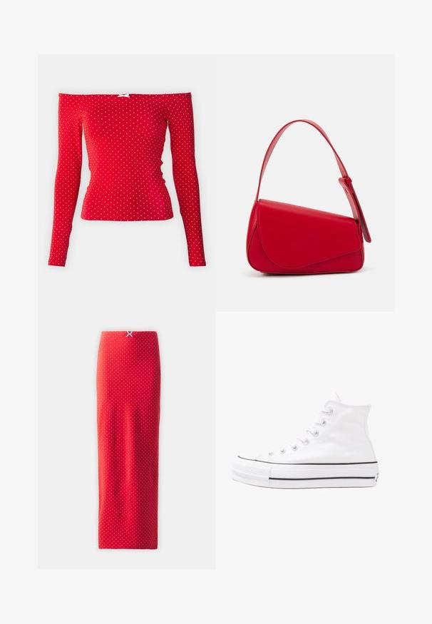Rdeč zgornji del s spuščenimi rameni in dolgimi rokavi, izdelan iz rebraste tkanine, z belimi pikami in majhnim belim lokom kot poudarkom blizu dekolteja.; Rdeča krilna midi dolžina s pikami, narejena iz gladkega materiala, ki ima oprijet silhueto in hrbtni detajl z majhno belo pentljo v pasu.; Beli visoki platneni športni čevelj z črnim gumijastim podplatom, sprednjim gumijastim zaščitnikom za prste in šestimi luknjicami za vezalke, ki se ponaša s preprostim, minimalističnim dizajnom.; Rdeča usnjena torba z angularnim, geometrijskim dizajnom. Ima en samostoječ nastavljiv ročaj in pokrov, zaprt z zapiranjem, ki je okrašen s šivi.