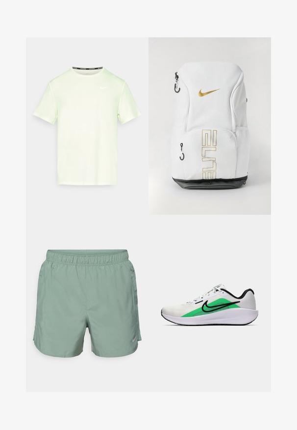 Light green Nike t-shirt with short sleeves, round neckline, and a small white logo on the chest. Smooth, lightweight fabric.; Light green athletic shorts made of smooth fabric, featuring an elastic waistband and a subtle logo on the lower side.; White athletic shoe with a green accent, black logo, mesh upper, cushioned sole, and a rounded heel. Features laces and contrast detailing.; Nike backpack in white with gold logo and “ELITE” text, zip closures, mesh side pockets, and a black bottom base. Smooth texture.