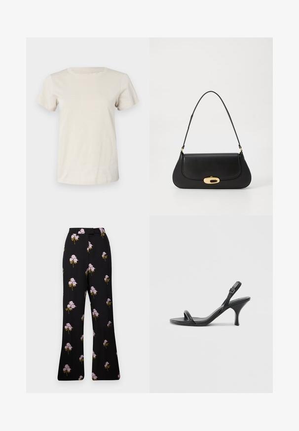 Camiseta de algodón de manga corta color beige claro con cuello redondo y un sutil detalle de texto en la parte delantera. Textura suave y corte relajado.; Pantalones negros con estampado floral y bordado de flores moradas, diseño tapered, piernas anchas y un detalle en la cintura. Tejido suave con una textura lisa.; Sandalias de tacón alto de cuero negro con un tacón delgado y curvado y un diseño de tiras cruzadas. Correa para el tobillo ajustable. Textura suave.; Bolso de mano de cuero negro con un diseño curvado, herrajes en tono dorado y un mango superior. Presenta un cierre elegante y una textura suave.