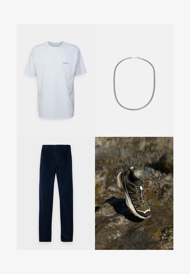 Tricou alb din bumbac cu mâneci scurte, guler rotund și un buzunar pe pieptul stâng, având un logo albastru "Patagonia". Croială clasică cu o textură netedă.; Pantaloni din corduroy bleumarin cu pliuri frontale, bucle pentru centură, buzunare laterale și închidere cu buton și fermoar, expuși plat pe un fundal alb.; Ghete de drumeție în verde măsliniu și negru cu accente roz. Caracteristici: un material texturat în partea superioară, o talpă flexibilă, o vârful întărit și un sistem de șireturi colorate.; Colier din metal argintiu cu un lanț gros, cu link-uri interconectate, textură lustruită și un mic închizător cu detaliu de branding.