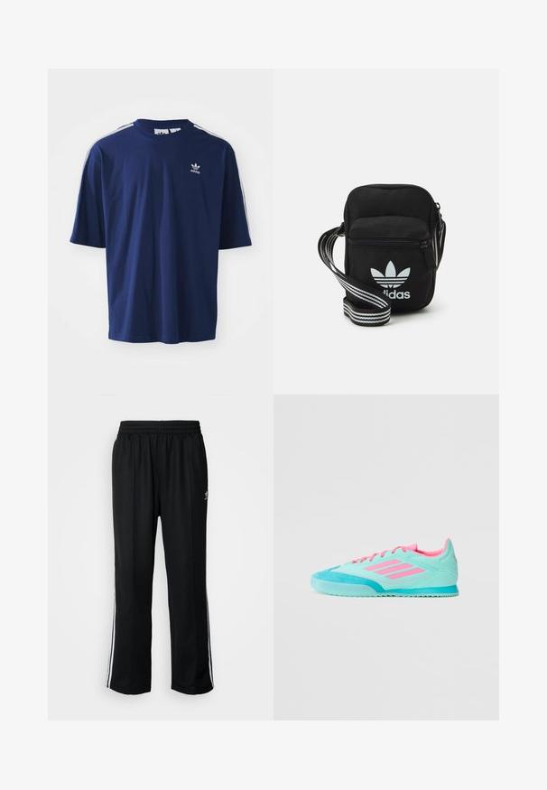Camiseta de algodón azul marino de mangas cortas, cuello redondo, tres franjas blancas en los hombros y un pequeño logo blanco en el pecho.; Pantalones deportivos negros con cintura elástica, que presentan rayas laterales blancas y un pequeño logotipo. El material parece suave y ligero.; Zapatilla deportiva turquesa con acentos en rosa, con un upper de textil suave, puntera de ante y suela de goma estriada.; Bolso cruzado de tela negra con cierre de cremallera, que presenta un logo blanco de Adidas y una correa ajustable a rayas para un fácil transporte.