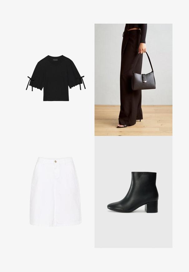 Top din bumbac negru, cu mâneci scurte, cu margine volanată și accente cu fundițe pe mâneci. Prezintă un guler tip echipaj și o croială lejeră.; Fustă din denim alb din bumbac, cu închidere cu buton în față, buzunare laterale și o siluetă dreaptă, având un finisaj texturat subtil.; Cizme negre din piele până la gleznă, cu vârf ascuțit și toc robust. Textură netedă, cu accente minime și un design elegant, ajustat.; Genți negre cu o formă structurată, textură netedă și un închizător metalic. Asortată cu pantaloni negri largi și sandale cu vârf deschis pe un podea din lemn.