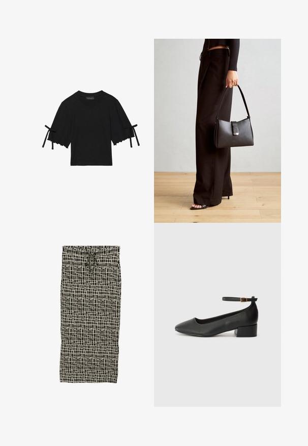 Čierny bavlnený top s krátkym rukávom, s volánovým zakončením a mašľovými detailmi na rukávoch. Má okrúhly výstrih a voľný strih.; Čierna a krémová sukňa so vzorom, s pásom na šnúrku, s mriežkovým dizajnom a jemnou, hladkou textúrou.; Čierne kožené lodičky s špicatou špičkou a nízkym blokovým podpätkom. Obsahuje remienok okolo členka so zlatým prackou. Hladký povrch.; Čierna kabelka so štruktúrovaným tvarom, hladkou textúrou a kovovou sponou. V kombinácii so širokými čiernymi nohavicami a sandálmi s otvorenou špičkou na drevenej podlahe.