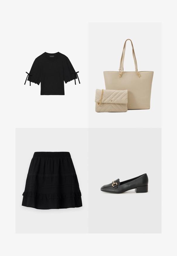 Rövid ujjú, fekete pamut felső, fodros aljjal és masnis díszítéssel a hosszú ujjakon. Kerek nyakkivágással és laza szabással készült.; Fekete pamut szoknya, réteges fodrokkal, elasztikus derékkal és ellentétes varrással, valamint csipke sávokkal díszítve.; Fekete bőr loaferek lapos talppal, dekoratív arany hardware részlettel az elején és sima felülettel.; Beige tote táska lapos fogantyúkkal, sima textúrával és arany hardverekkel, egy hozzáillő steppelt clutch-csal kombinálva, amely lánc pánttal rendelkezik.