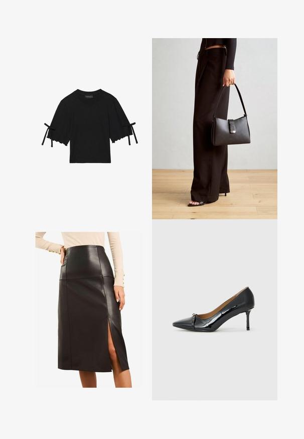 Rövid ujjú, fekete pamut felső, fodros aljjal és masnis díszítéssel a hosszú ujjakon. Kerek nyakkivágással és laza szabással készült.; Fekete bőrmidi szoknya magas derékkal, oldalsó hasítékkal, letisztult designnal, sima textúrával és látható fém részletek nélkül.; Fekete lakkbőr magassarkú cipő hegyes orral, díszes pánttal elöl, és vékony stiletto sarokkal.; Fekete kézi táska strukturált formával, sima textúrával és fémből készült záródással. Széles fekete nadrággal és nyitott orrú szandállal párosítva, fából készült padlón.
