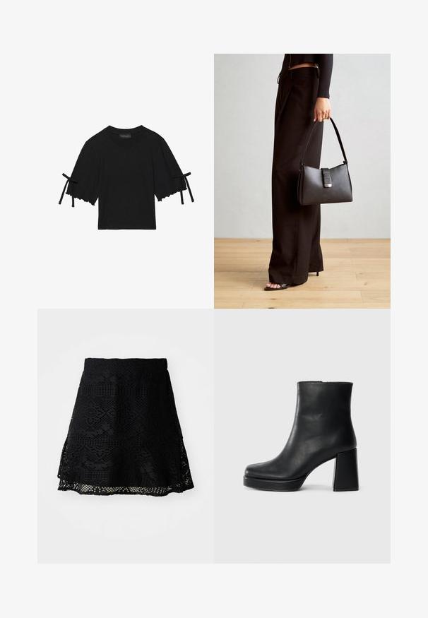 Rövid ujjú, fekete pamut felső, fodros aljjal és masnis díszítéssel a hosszú ujjakon. Kerek nyakkivágással és laza szabással készült.; Fekete csipkés szoknya bonyolult geometrikus mintákkal, bő szabással és rugalmas derékkal. Réteges szegéllyel rendelkezik a plusz dimenzióért.; Fekete bőr bokacsizma tömbsarkal és platform talppal, oldalról nézve, sima fehér háttéren.; Fekete kézi táska strukturált formával, sima textúrával és fémből készült záródással. Széles fekete nadrággal és nyitott orrú szandállal párosítva, fából készült padlón.