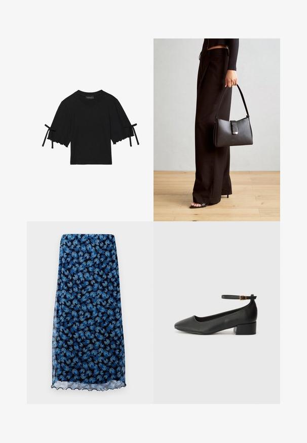 Rövid ujjú, fekete pamut felső, fodros aljjal és masnis díszítéssel a hosszú ujjakon. Kerek nyakkivágással és laza szabással készült.; Tengerkék virágmintás szoknya világoskék százszorszép mintákkal, áttetsző anyagból, hullámos szegéllyel és egyenes szabással.; Fekete bőr magassarkú cipő hegyes orral és alacsony tömb sarkal. Bokapánttal rendelkezik, aranyszínű csattal. Simább textúra.; Fekete kézi táska strukturált formával, sima textúrával és fémből készült záródással. Széles fekete nadrággal és nyitott orrú szandállal párosítva, fából készült padlón.